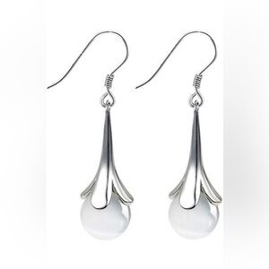 Earrings Dangle Silver Tone With Round White Stone
